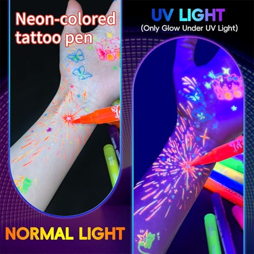 Fluorescent Body Paint Markers, 12 Colors Glow in UV Light with 6 Stencils