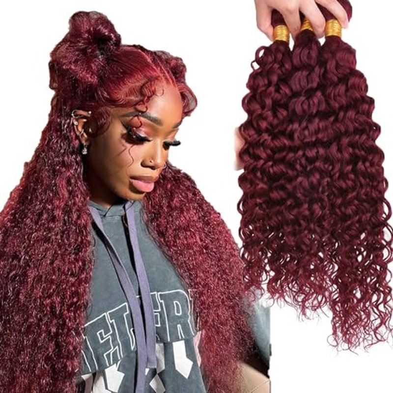 #99J Burgundy Water Wave Human Hair Bundles 26 28 30 Inch