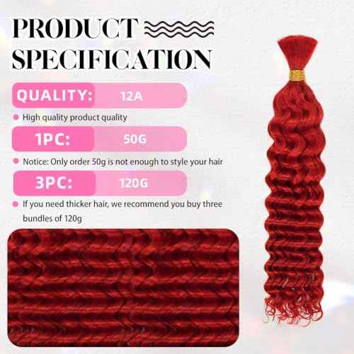 12 Inch Deep Wave Human Braiding Hair for Boho Braids ? 120g 3 Bundles/Pack Red 100% Unprocessed 12A Brazilian Virgin Human Hair Bulk, No Weft, Wet & Wavy Curly Extensions