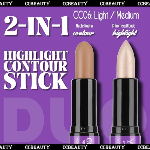 CCbeauty 2pcs 2-IN-1 Shimmer Contour Highlighter Stick with Blush,Cream Dual-End Highlight Bronzer Concealer & Blusher for Cheeks & Lip, Long Lasting Contouring for Face Shaping Makeup, Light-Medium