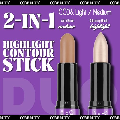 CCbeauty 2-IN-1 Contour Stick Makeup,Cream Shimmer Highlighter Bronzer Stick, Highlighting Contouring Kit, Highlight Concealer Sticks for Face Shaping Make up, Long Lasting & Waterproof