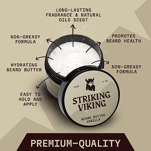 Striking Viking Beard Butter - Non Greasy Beard Butter For Men With Natural Ingredients 4oz - Keep Your Beard Hydrated & Refreshing With Beard Cream (Vanilla) - Beard Moisturizer Men