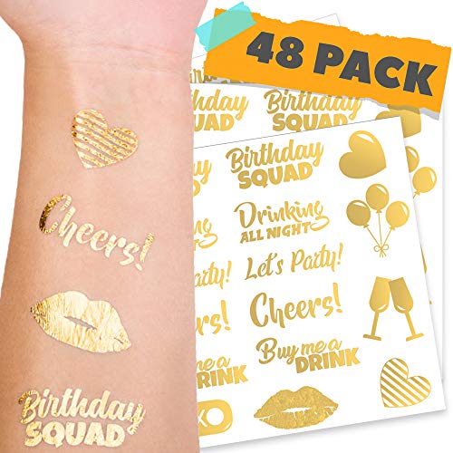 Gold Metallic Party Tattoos - 48pc Birthday Squad