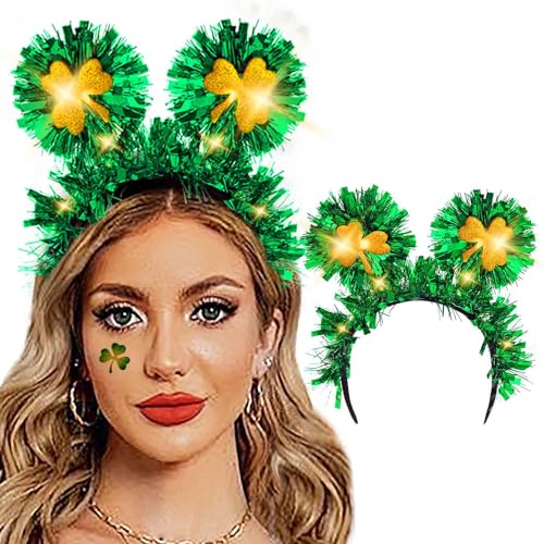 Aksod Light Up St Patricks Day Headbands Green Mouse Ears Headband Glitter Shamrock St Patricks Irish Hair Accessories for Women (Style B)