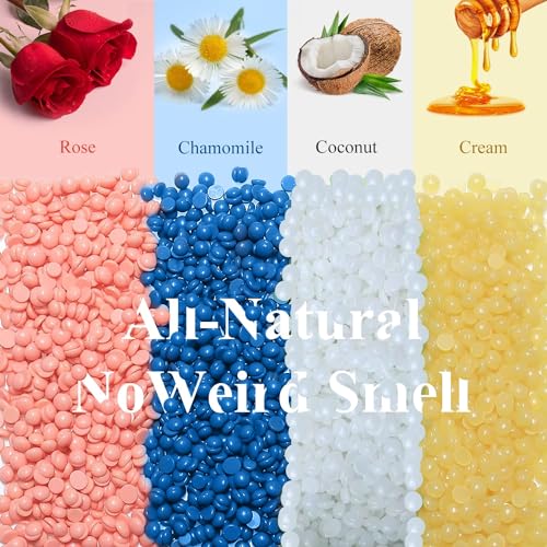 Painless Hard Wax Beads for Full Body Hair Removal, 1.1lb/17.6oz - Sensitive Skin, Bikini, Brazilian, Armpit, Home Waxing Kit for Women and Men with 20 Sticks (Cream)