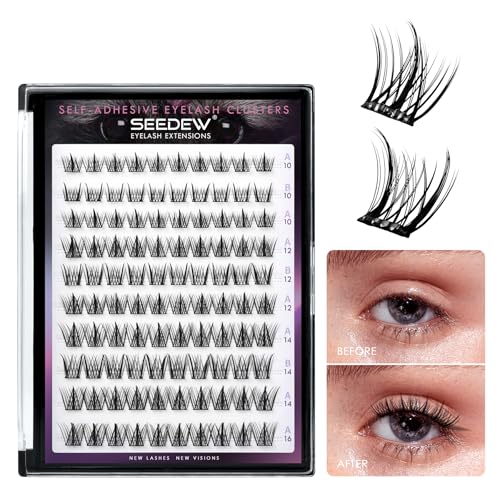 Lash Clusters, 100 Pieces DIY Eyelash Extensions, Individual Cluster Lashes, Super Thin Band, No Glue Needed Resuable Soft Natural Self Adhesive Lashes at Home(ABA-C Curl-MIX10-16mm-Black)