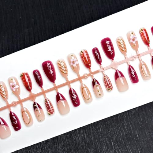 Medium Almond Press On Nails - Fall Burgundy with Gold Beads | 30 Pcs