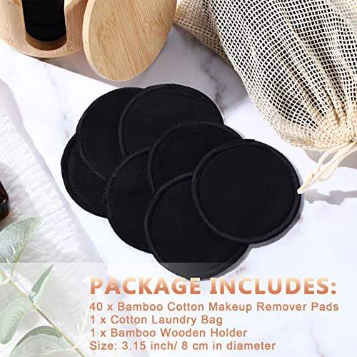 Foaincore 40 Pcs Reusable Makeup Remover Pads with Mesh Storage Bag and Bamboo Box Washable Bamboo Cotton Rounds Soft Reusable Face Pad for Toner Skin Various Skin Care Products(Black)