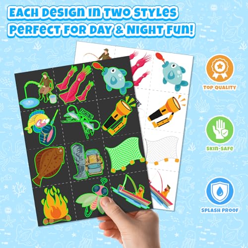 96 PCS Fishing Party Favors Set ? 72 Pre-Cut Temporary Tattoos & 24 Slap Bracelets for Kids, Perfect for Outdoor Birthday Parties, Camping Adventures & Classroom Rewards