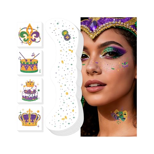 Mardi Gras Glitter Temporary Tattoos - 40 Piece Face & Body Stickers