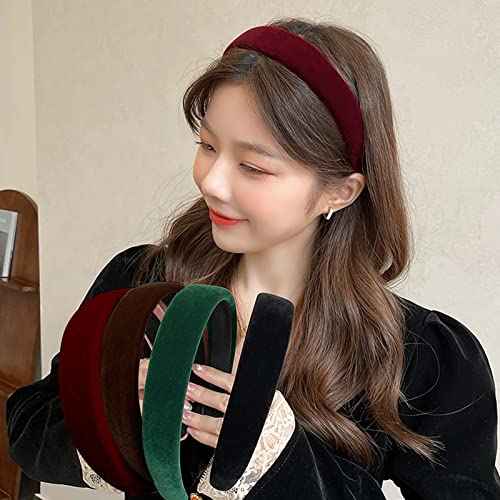 4Pcs Black Velvet Headband for Women Girls Wide Hairbands Pack Non Slip Thick Headband Set Adult Red Brown Green Padded Hair Band Fashion Soft Headbands for Long Short Thin Curly Hair Accessories Gift