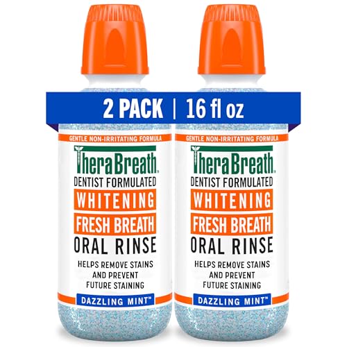 TheraBreath Whitening Mouthwash Dazzling Mint 16 oz Pack of 2 - Alcohol-Free, Dentist Formulated, Stain & Bad Breath Freshener