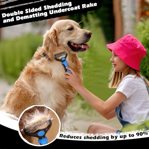 Blue Self-Cleaning Pet Slicker Brush & Dematting Comb Set for Dogs, Cats, Horses