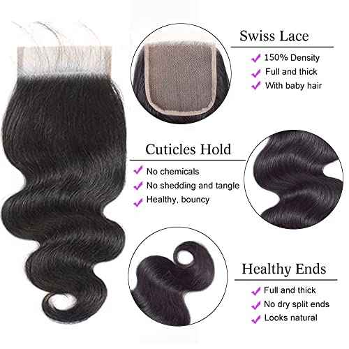Bundles with Closure Human Hair Body Wave 12 14 16+10 Inch 100% Unprocessed Brazilian Virgin Hair Extensions 3 Bundles with 4x4 Free Part Lace Closure Natural Black