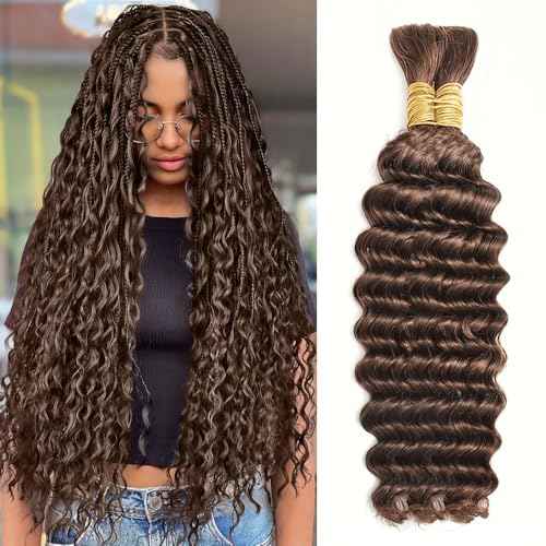 Human Braiding Hair for Boho Braids Human 110g 24 Inch Color 4 Deep Wave Boho Bulk Human Hair for Braiding 12A Deep Wave Bulk Bohemian 2 Bundles/Pack Chocolate Brown