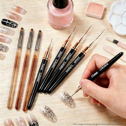 Black 8Pcs Nail Art Brush Set - Fine Liners & Gel Builder Brushes for Professional Manicure