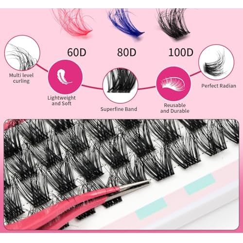 3-Color Eyelash Extension Kit, 60D/80D/100D Fluffy D-Curl Cluster Lashes - Fake Mink Volume Lashes for DIY, Includes 1 Pink Eyelash Curler