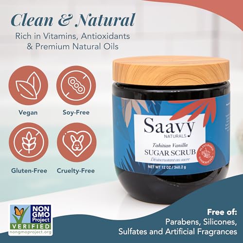 Saavy Naturals Body Scrub - Scented Sugar Vanilla Extract, Natural Body Scrub & Vegan Exfoliating with Vitamin E, Gentle for Sensitive Skin ? Made in USA ? Tahitian Vanilla (1 Pack) - 12 oz