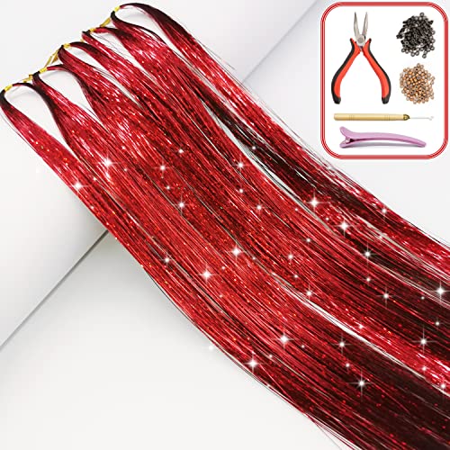 Hair Tinsel Extensions Kit - 1000 Strands, 47", Red Glitter