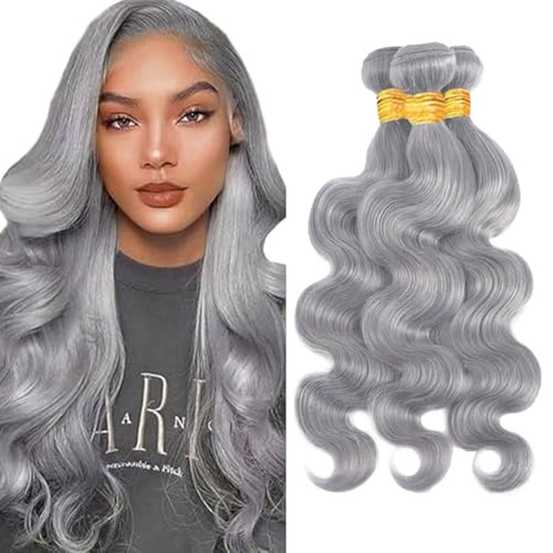 Silver Grey Body Wave Human Hair Bundles - 3 Pack, 18-22 Inch