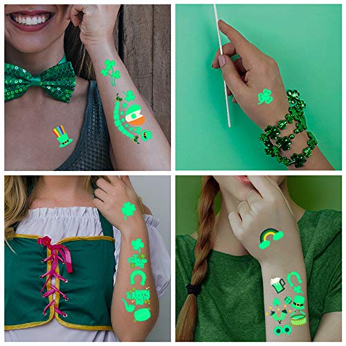 St Patricks Day Temporary Tattoos, 10 Sheets Glow Saint Patricks Day Accessories Decorations for Boys and Girls, Irish Shamrock Luminous Stickers