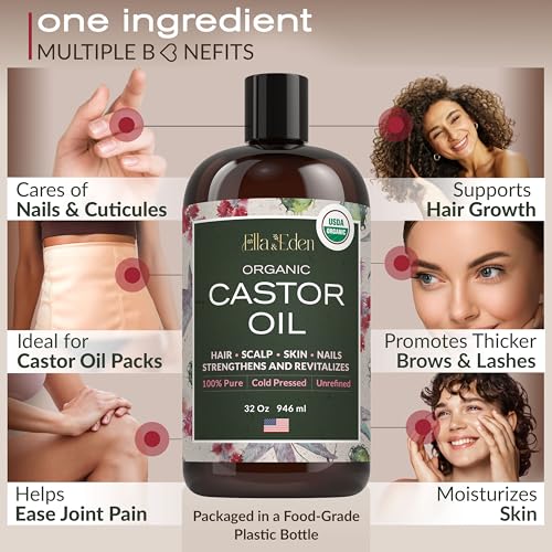 USDA Organic Castor Oil, 100% Pure Cold-Pressed Hexane-Free, 32 Fl Oz
