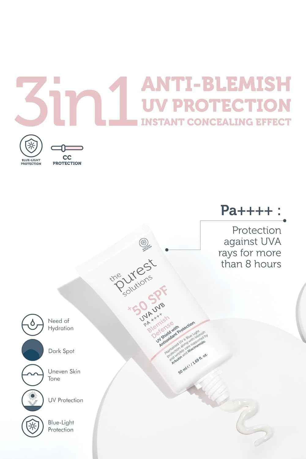 The Purest Solutions Blemish Defense (UV Shield with Antioxidant Protection SPF 50+) - 8h UVA Protection, Arbutin & Niacinamide for Skin Tone Harmonization and Moisturizers - Vegan (50 ml)