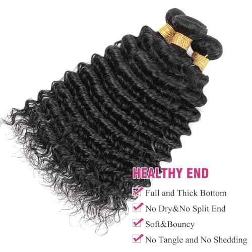 Human Hair Bundles Brazilian Deep Wave 3 Bundles 14 16 18Inch 100% Unprocessed Virgin Deep Curly Human Hair Quick Weave Raw Deals Water Wave Wet and Wavy Bundles Nature Black