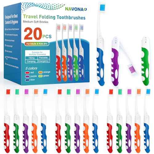 Navona 20 PCS Travel Toothbrush Set, Travel Size Toothbrush, Folding Mini Toothbrushes, Portable Individually Wrapped Bulk Toothbrushes, Medium Bristles for Camping, Hiking, School