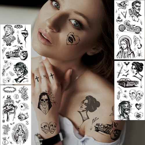 12 Sheets Large Chicano Temporary Tattoos, Cholo and Chola Temporary Tattoos, Chicana Guadalupe Gangster Fake Tattoos Day of the Dead, D?a de Muertos, Tatuajes Temporales, Halloween Mexico Tattoos