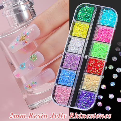 18000pcs Nail Rhinestones and Pearls for Nail Art, 2mm Resin AB Transparent Jelly Rhinestones Crystal Nail Gems Multicolor Flatback Pearls with Tweezers & Pickup Tools for Women Nails Design Craft DIY