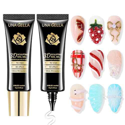 UNA GELLA 3D Gel Nail Art, 2Pcs 15g Clear No Wipe Sculpting Gel Polish for Nail Tips, Drawing, Molding, Chrome Powder, Carving & Decoration, Rhinestones, Charms and Gems, DIY Christmas Art Designs