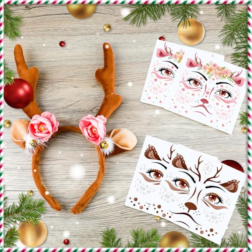 Deer Antlers Headband & Face Tattoos Set - Pink & Brown
