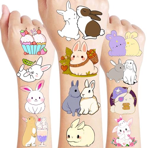 8 Sheets (96PCS) Bunny Pre-Cut Temporary Tattoos for Kids ? Cute Bunny Birthday Party Favors Supplies Decorations, Easter Egg Carrot Tattoo Stickers for Boys and Girls, Classroom Rewards and Prizes