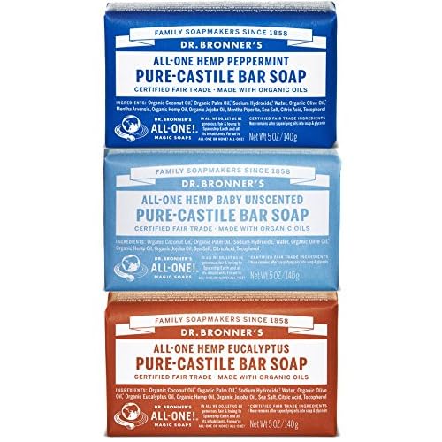 Dr. Bronner's Magic Soaps Pure-Castile Soap, Variety Pack, 5-Ounce Bars (Pack of 3) (Peppermint - Unscented - Eucalyptus)