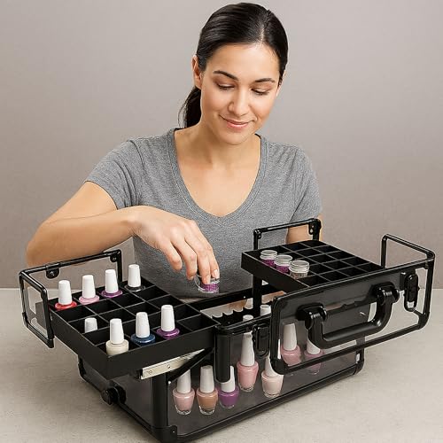 Professional Makeup & Nail Tech Organizer ? Clear Acrylic Case, Holds 94 Bottles, Slide-Out Trays, Lockable Latches ? Portable Storage for Brushes, Polish, Tools & Cosmetics ? Compact & Travel-Ready