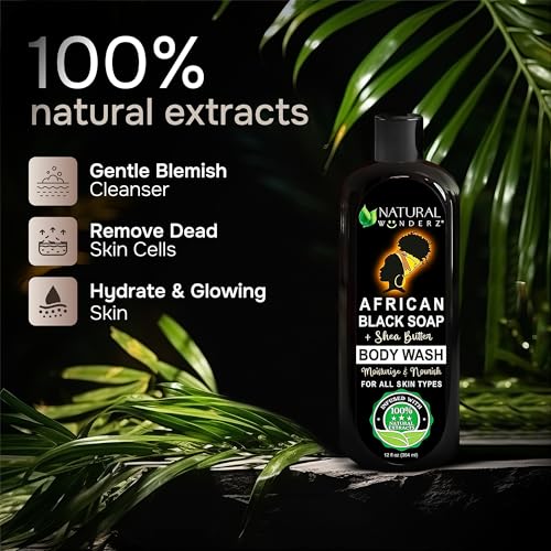 Natural Wunderz African Black Soap Body Wash - 12 oz Vegan Cleanser