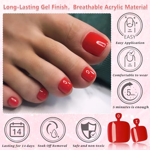 144pc Hot Red Press On Toenails Kit with Glue & Tools