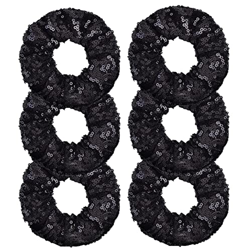 OTYOU 6 Pack Sequins Hair Scrunchies Rich Tones Scrunchy Metallic Bobbles Elastic Hair Bands Ties Glitter Ponytail Bun Holders Hair Accessories for Women Girls (Black)