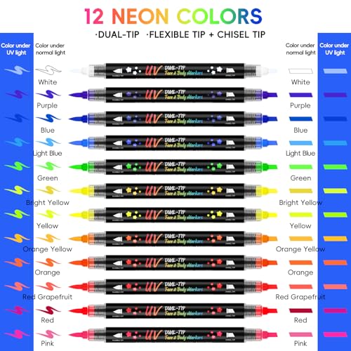 12-Color UV Body Paint Pens - Dual Tip Fluorescent Markers