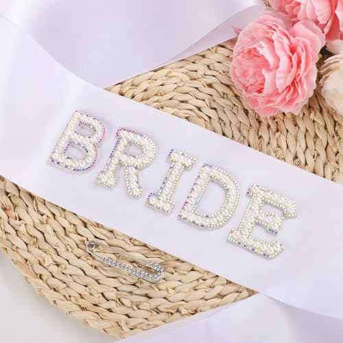 Etercycle Bride Sash, Bride To Be Sash Bridal Gifts, White Pearls Rhinestones Sashes Bachelorette Party Decorations Bridesmaid Favors With Adjustable Diamond Pin