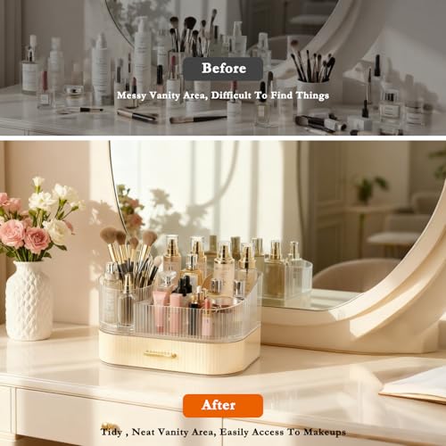 Makeup Organizer Countertop with 360 Rotating Brush Holder, Make Up Organizers For Vanity With Drawer, Bathroom Countertop Skincare Organizer And Storage