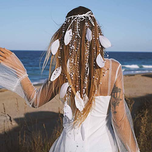 CAKURE Pearl Feather Headband White Hippie Headbands Gypsy Costume Headwear Indian Headpieces Bridal Hair Band Adjustable Headdress Wedding Feather Hair Accessories for Women and Gilrs (Type1)