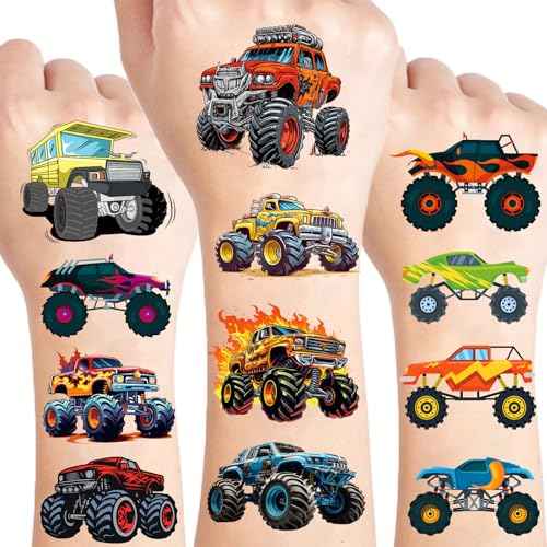 100 Pcs Monster Truck Temporary Tattoos for Kids, £¨2'' x 2''£©Individually Wrapped Tattoos, Car Themed Birthday Decorations, Party Favors Supplies