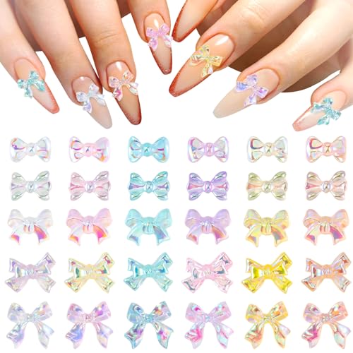 HINZIC 250 Pcs Aurora Bow Nail Charm 3D Bows for Nail Colorful Glitter Bowknot Acrylic Nail Bows Cute Resin Pearl Rhinestones Wedding Engagement Prom Accessories for Craft Phone Case Invitation Making