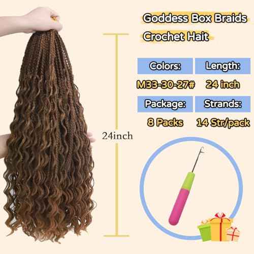 Goddess Box Braids Crochet Hair 24 Inch 8 Packs Pre-looped Boho Goddess Braids with Curly Ends Bohemian Crochet Hair for Black Women M33/30/27#
