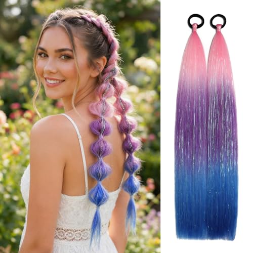 2Pcs 26-Inch Colored Hair Extensions with Tinsel - Pink, Purple, Blue Festival Style