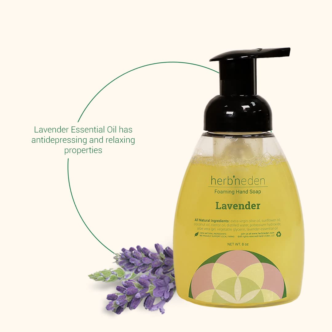 Herb’N Eden Lavender Foaming Hand Soap, Moisturizing for Dry Skin, Gentle Hand Wash, 100% Pure Ingredients, Essential Oils, 8 oz