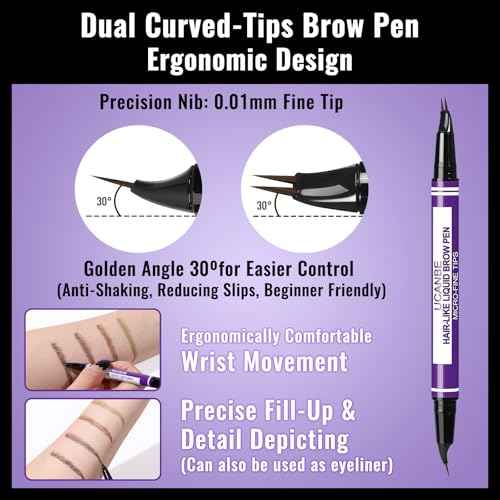 UCANBE Eyebrow Pen, Dual-Curved Eyebrow Pencils for Women, 2-in-1 Brow Pencil with 2-Fork-Tip & Precise Brush-Tip for Natural Hair-Like Brows, Waterproof Microblading Brow Pen Last 24Hrs(Black Brown)