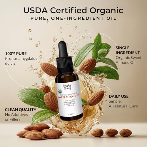 Organic Sweet Almond Oil | 100% Pure, Cold-Pressed, Unrefined | USDA Certified Organic | Amber Glass Bottle with Glass Dropper | For Face, Skin & Hair - 1 Fl Oz